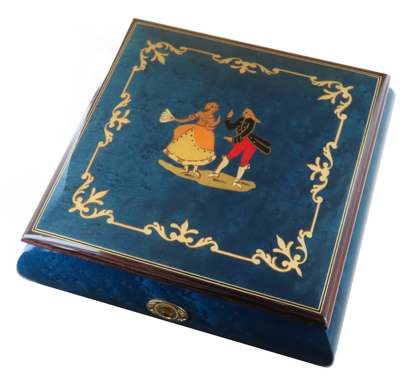 Caja de música para joyas / joyero musical de madera teñida de azul con marquetería bailarines y mecanismo musical de resorte de 18 notas - Over the rainbow - El mago de Oz (Harold Arlen)