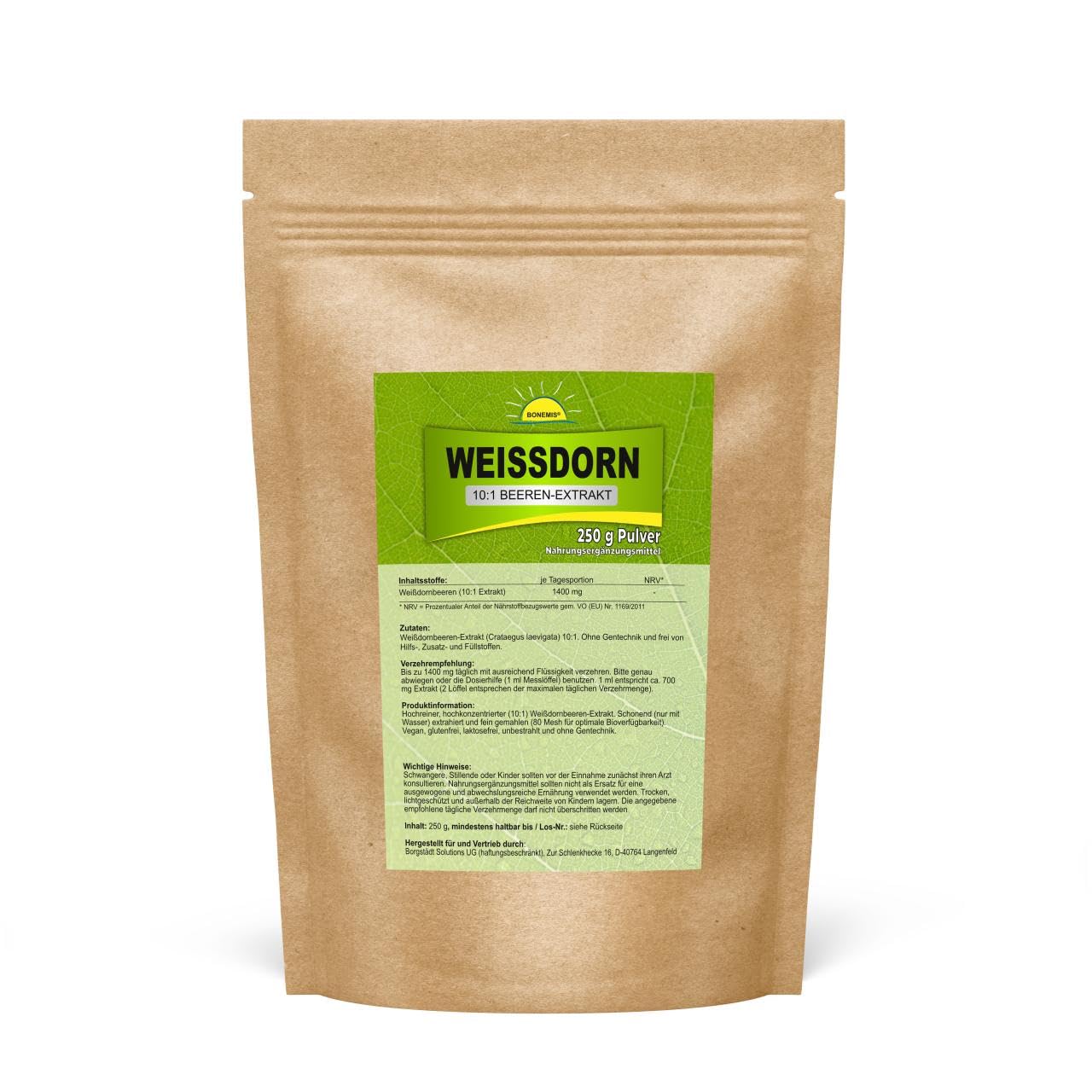 Weißdorn (10:1 Beeren-Extrakt), ohne Zusatzstoffe, 250 g Pulver im Beutel, Bonemis®