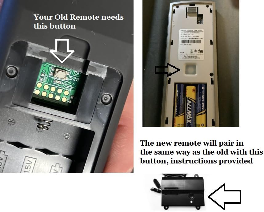 Close-up images showing the pairing button location on the back of an old remote and a new remote, and a control box under a bed.