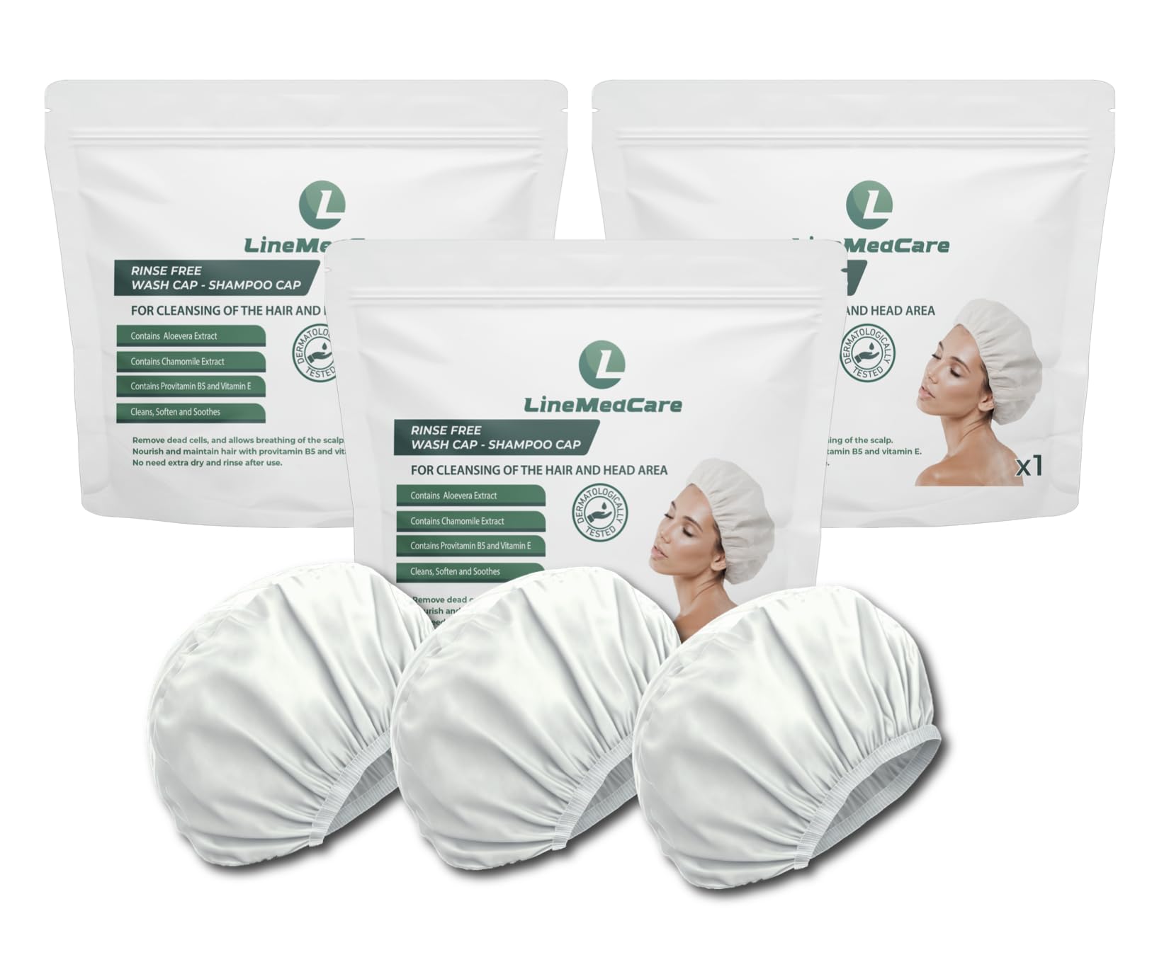 3 packs Rinse Free Shampoo Cap Hair Wash Contains Aloe Vera, Chamomile Extract, Vitamin E and Provitamin B5 Hypoallergenic, pH Balanced Microwavable. Pack of 3 Rinse Free No Water Shower Caps