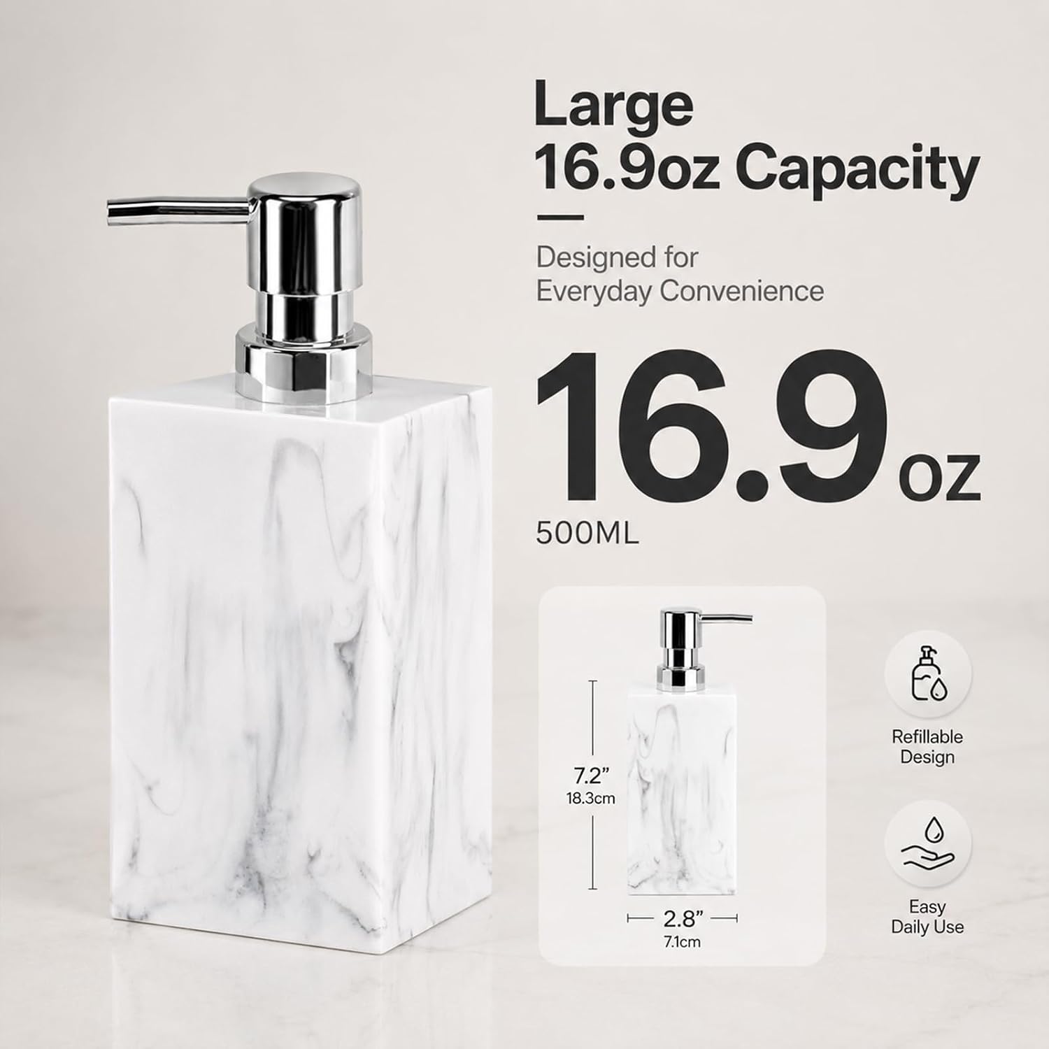 Resin Soap Dispenser, 16.9 oz Refillable Hand Soap & Lotion Pump with Marble Swirl Pattern, Modern Bathroom & Kitchen Countertop Liquid Soap Dispenser (White)