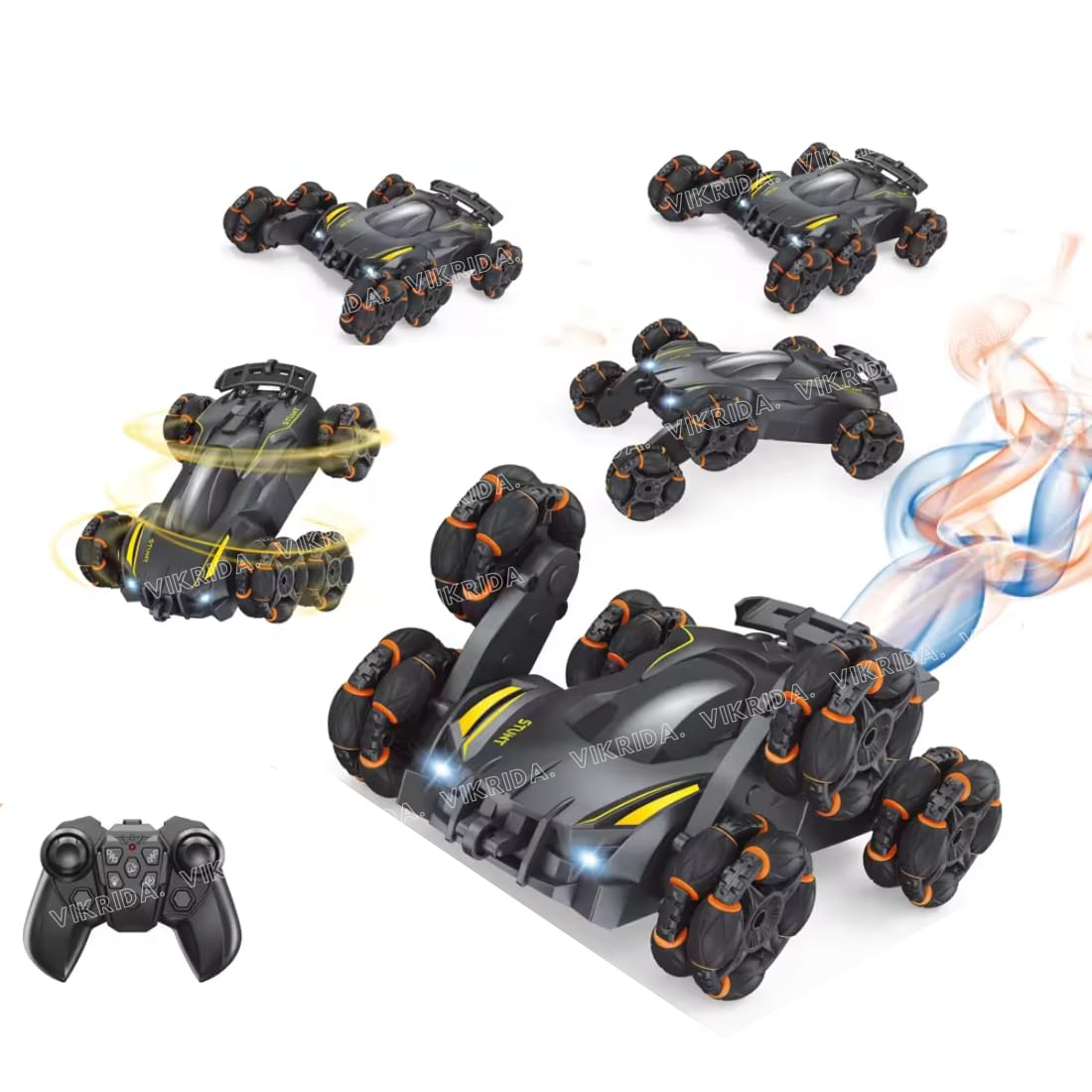 6 Wheel Stunt RC Car for Kids | 2.4GHz Remote Control Toy Car with Lights, Spray Function, 360° Spin, High-Speed Off-Road Stunt Car – Matt Black