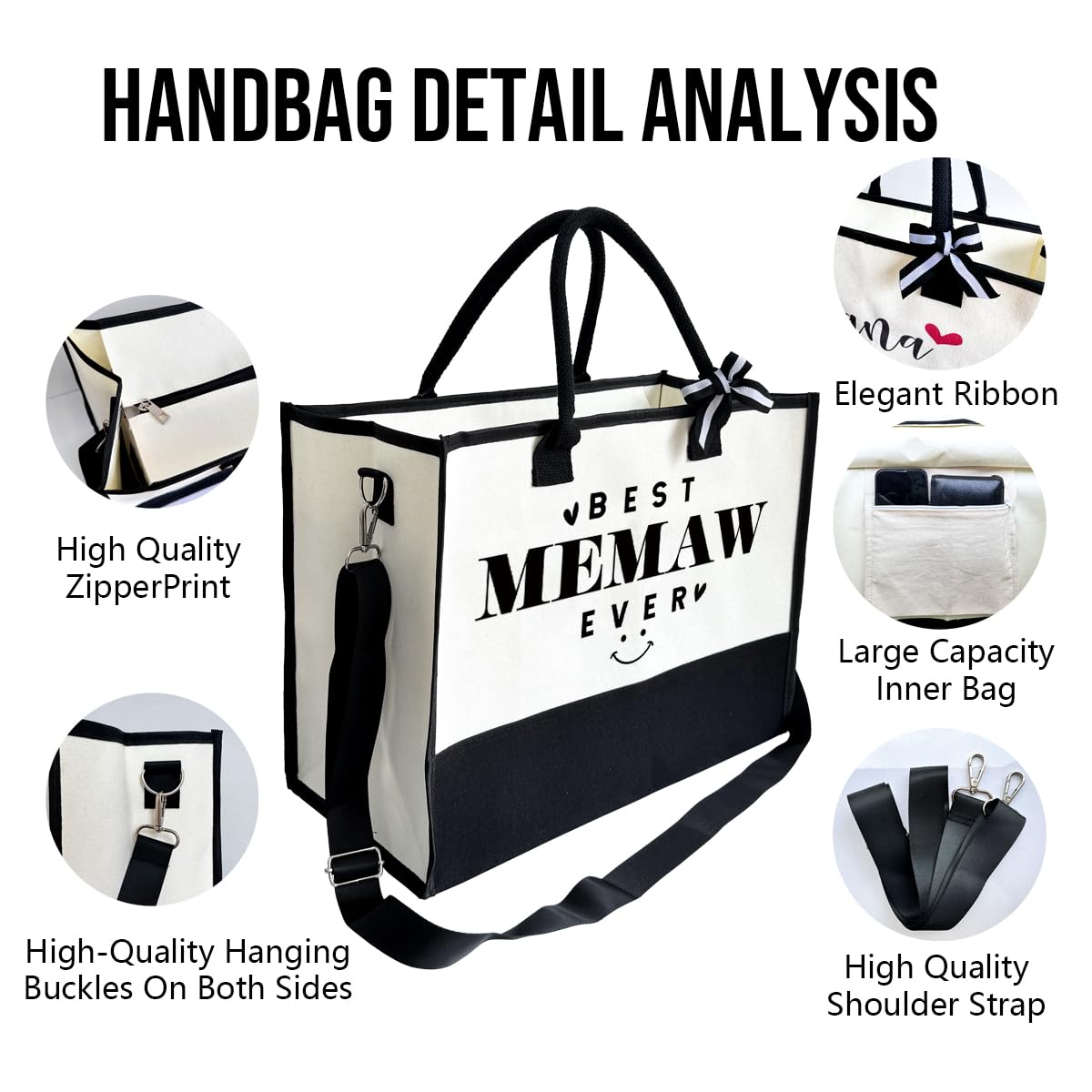 Beach & Outing Tote Bag for Memaw - Canvas with Inner Pocket & Make Up Bag - Mother's Day & Birthday Gift