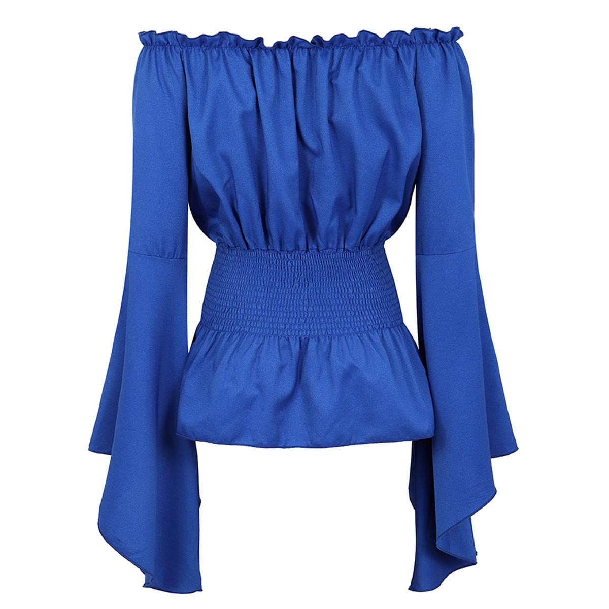 jutrisujo Womens Renaissance Pirate Shirt Tops Medieval Long Sleeve Off The Shoulder Gothic Peasant Blouse Ruffled Smocked Boho Blue XXS