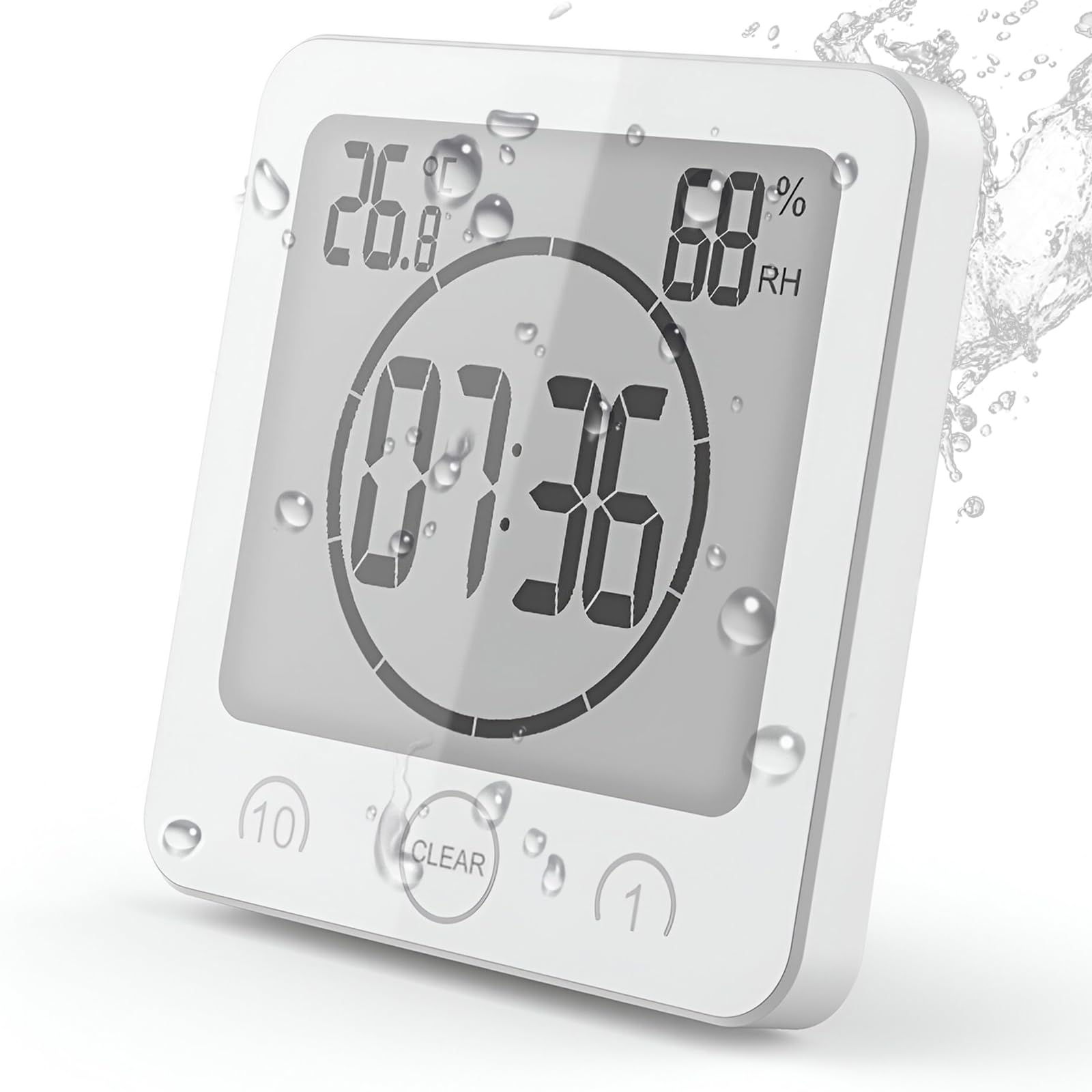 Vorrinc White Shower Clock Waterproof, Bathroom Clock Digital Clock Timer With Suction Cup,Thermometer Hygrometer, Countdown Timer (White)