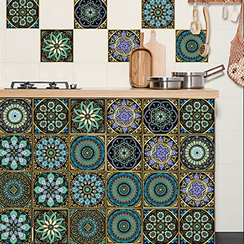 HJOSWVNS Fliesenaufkleber Goldenes Mandala Grün Klebefliesen Ölfest Selbstklebende Küchenrückwand Folie Mosaikfliesen Fliesenfolie für Bad Möbel Schrank Dekorative Klebefolie 10 Stück(15x15cm) Cover