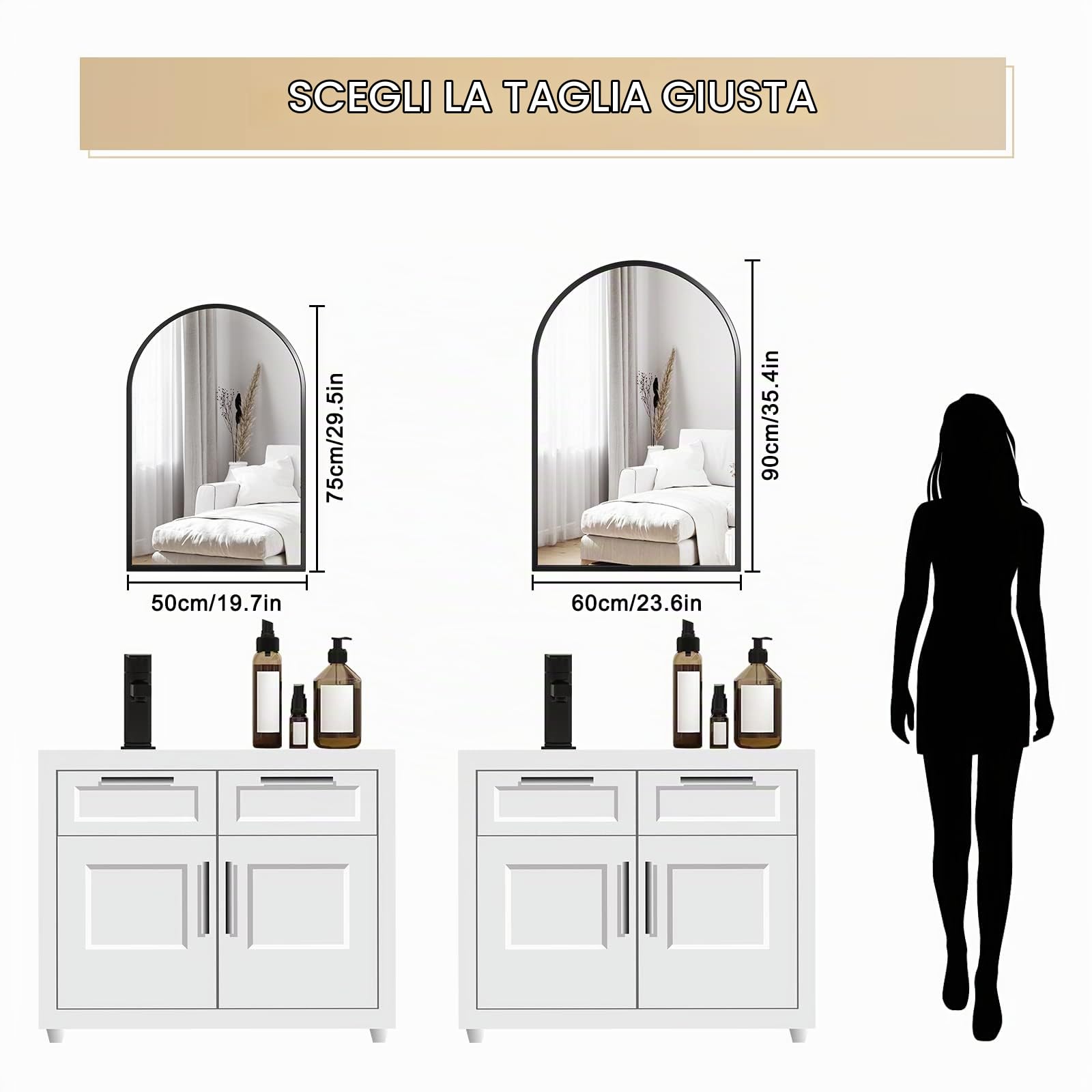 Dripex Specchio da parete Arco 60x90 cm con Metallo in alluminio, HD Bagno Specchi con Immagine Nitida per Trucco Decorativo Soggiorno - infrangibile (Nero)