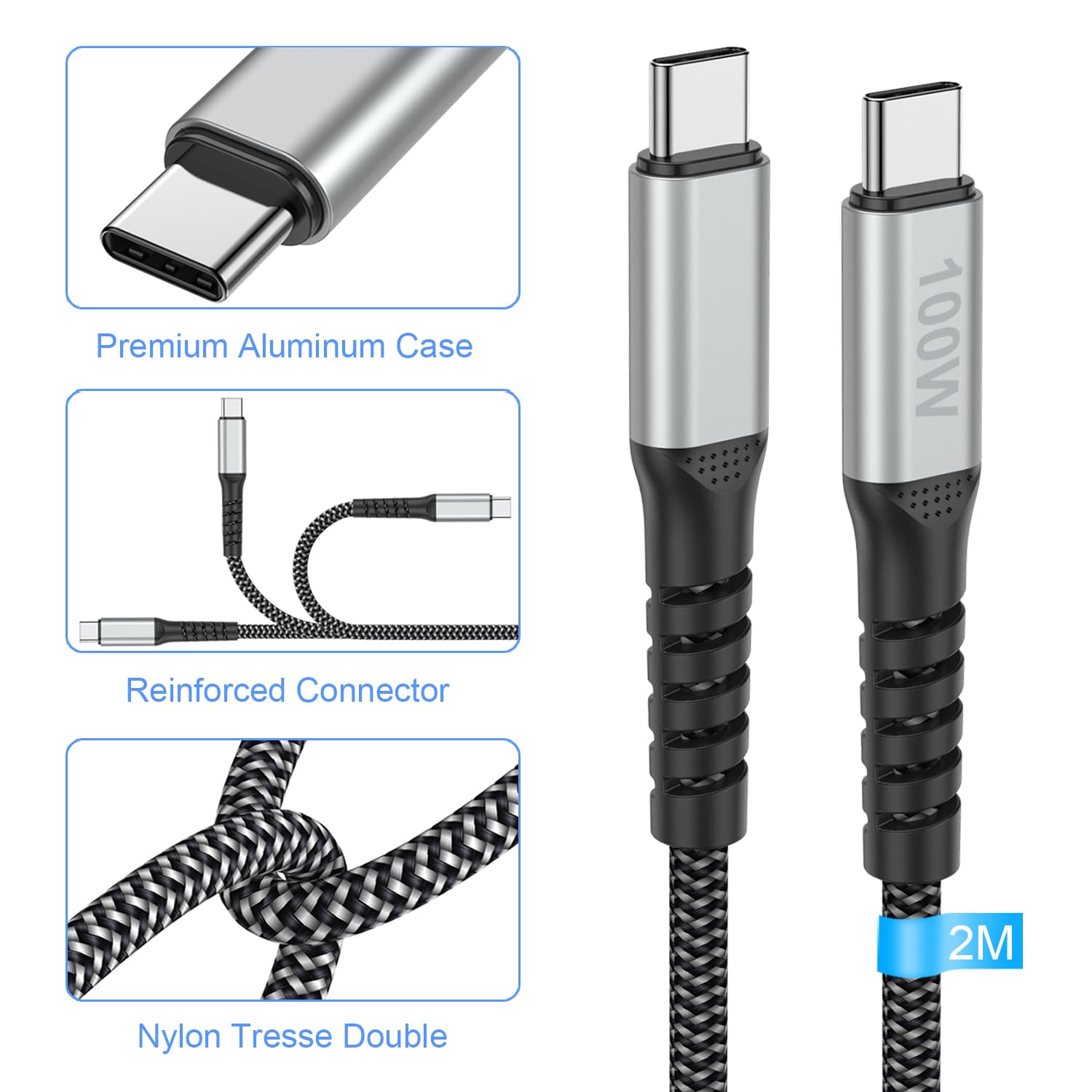 Cavo USB C a USB C 2M 100W Ricarica Rapida PD 5A Cavetto con E-Mark Chip Filo Caricatore per Samsung Galaxy S23 Ultra S22 S21, iPhone 15 Pro Max, iPad Pro