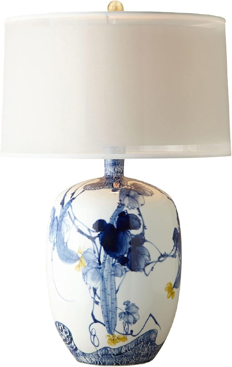 SANBDDLYY Hand-Painted Blue Ceramic Table Lamp Fabric Shade - Vintage Style Bedside for Home