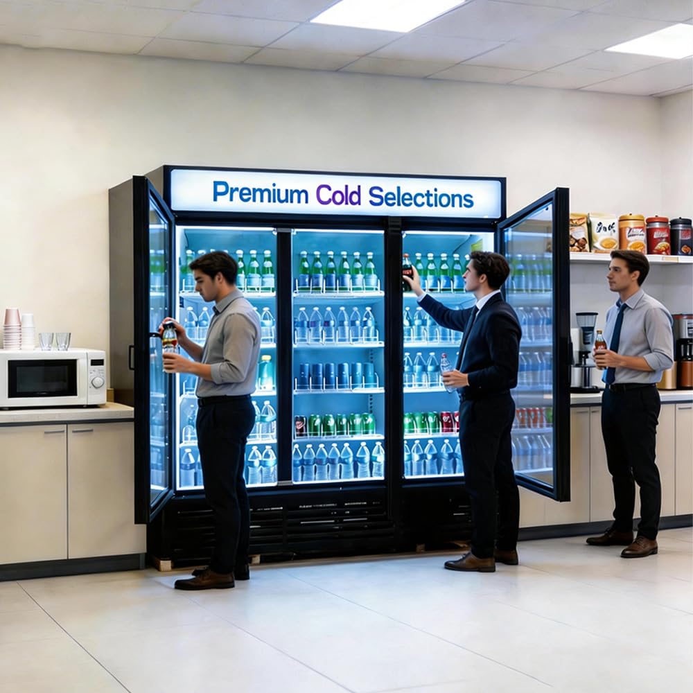 Nafcoool 71” Wide Commercial Beverage Refrigerator Display Fridge, Three Glass Door Merchandiser Drink Cooler With LED Light 9 Adjustable Shelves,Etl Sanitation,63.5 Cu Ft,Black,Wheels Included on Fridge.com - View 3