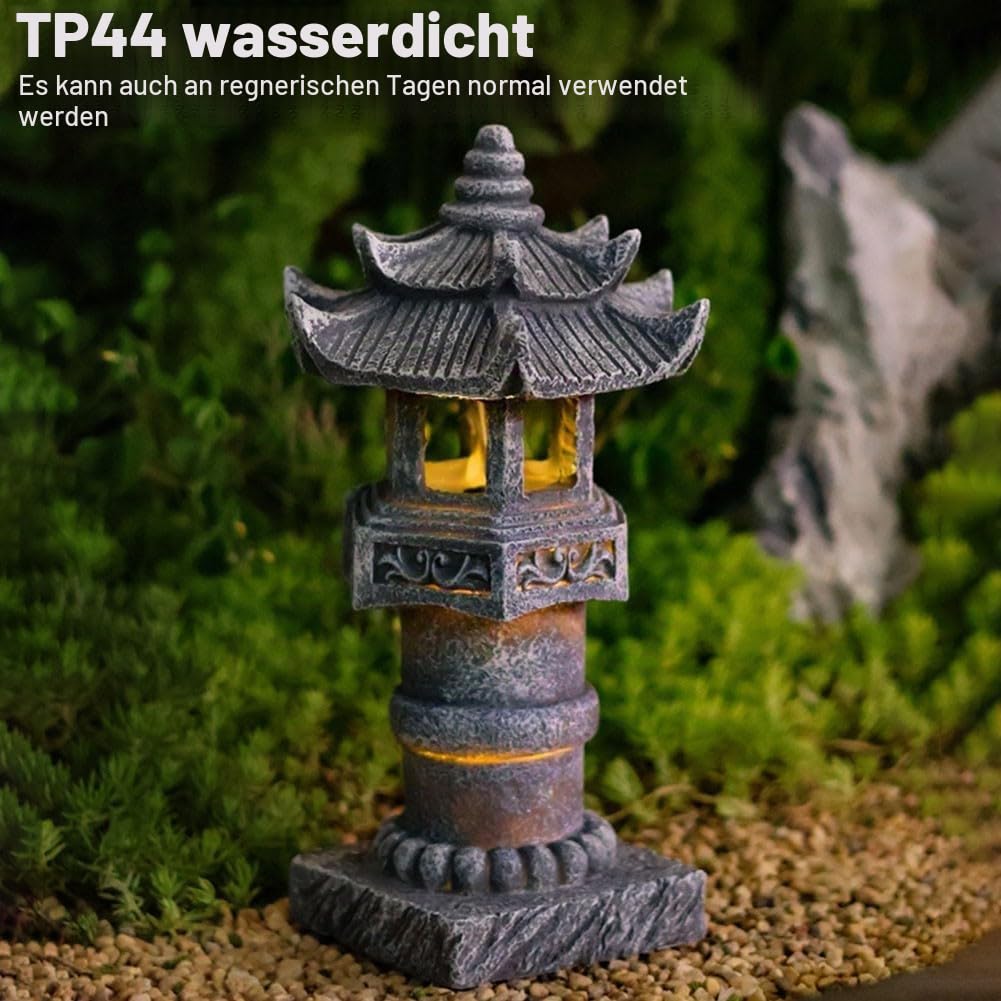 Oniissy Solarbetriebene Pagoden-Gartenleuchte für den Außenbereich, dekorativ, Zen-Steinlaterne, Statue, wasserdicht, IP44, Kunstharz, orientalische Landschaftslampe für Terrasse, Hof