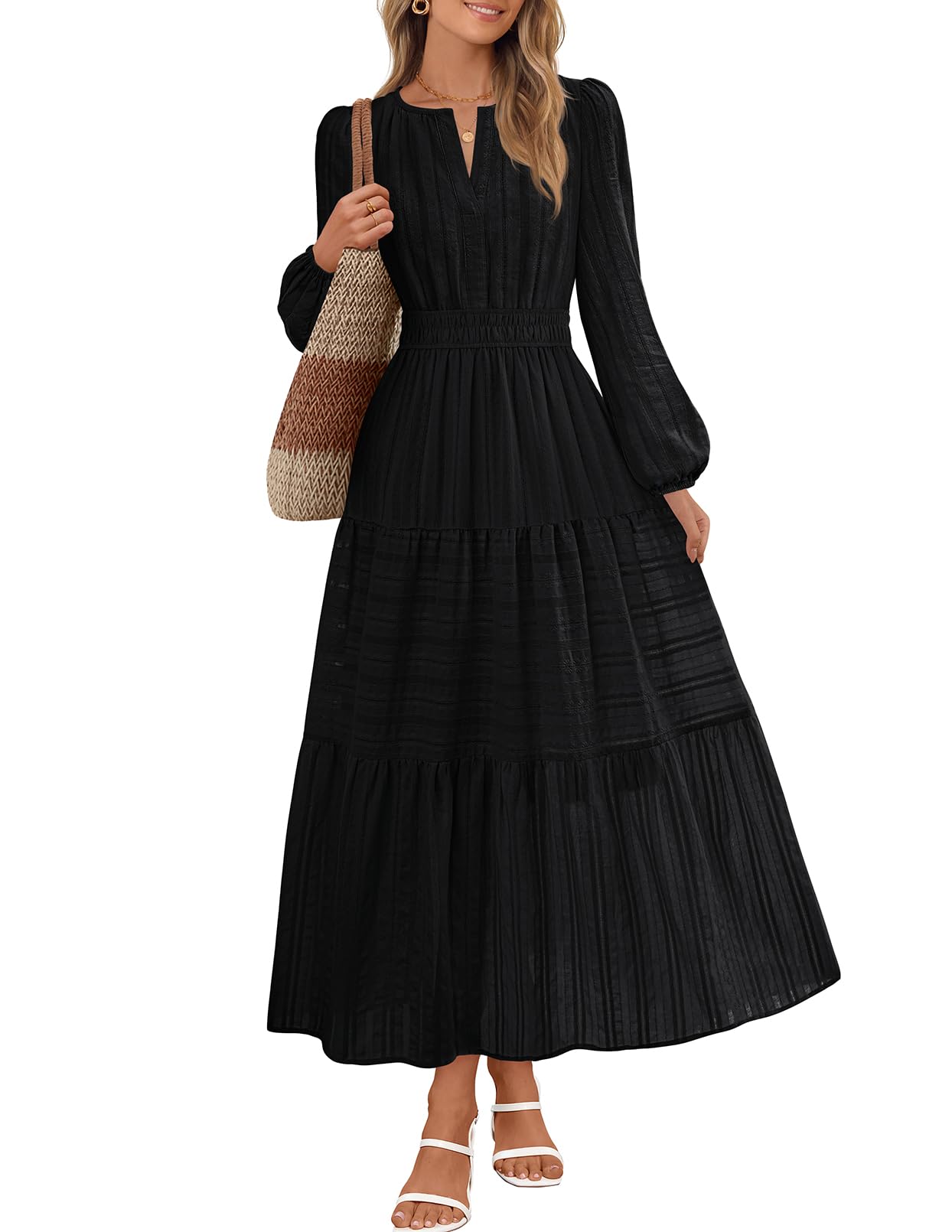 MEROKEETY Winter Midi Dresses for Women 2026 Spring Long Sleeve Casual V Neck Tiered Cotton Maxi Dress Pockets