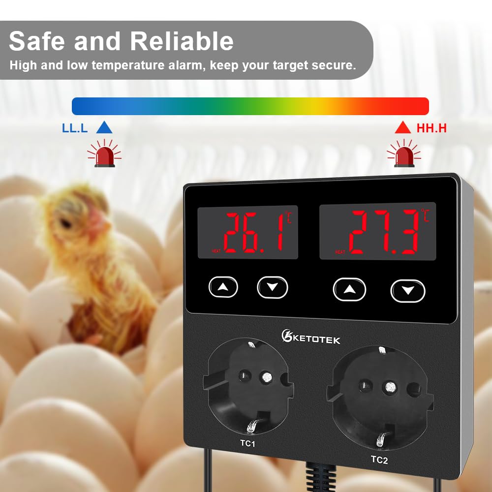 KETOTEK KT99pro podwójny cyfrowy regulator temperatury, wyjście 10 A, przekaźnik chłodzący, sterowane termostatem gniazdko z czujnikiem do warzenia gadów, fermentacji, hodowli, inkubacji, szklarni
