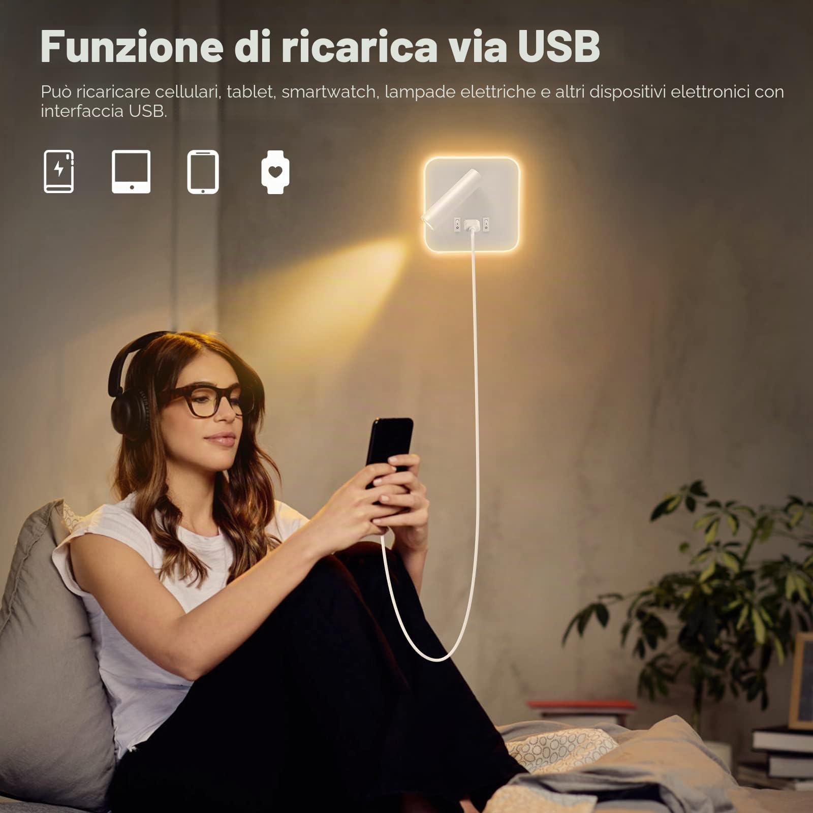 Lampada da parete a LED, lampada da lettura sul comodino, applique regolabile sul comodino, con porta di ricarica USB, applique da parete per corridoio(luce calda 3W + luce calda 9W)(Bianco 2pcs)
