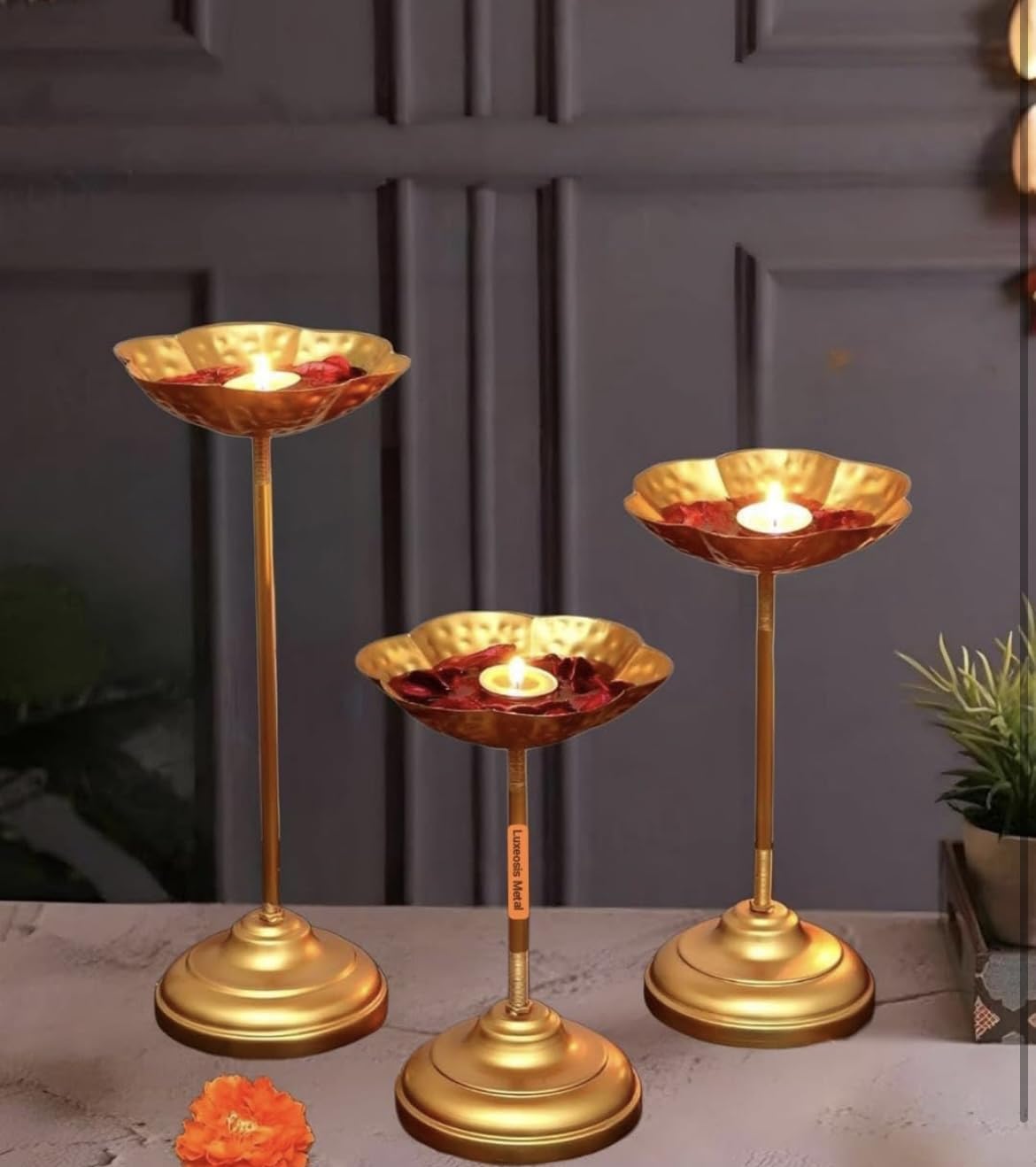 LUXEOASIS Set of 3 Urli Bowl tealight Holder Stand Diwali Home Decor puja Decor Traditional Indian Brass Decorative Bowl for Home | Ideal for Floating Flowers (Taj Stand Set of 3)-image-41