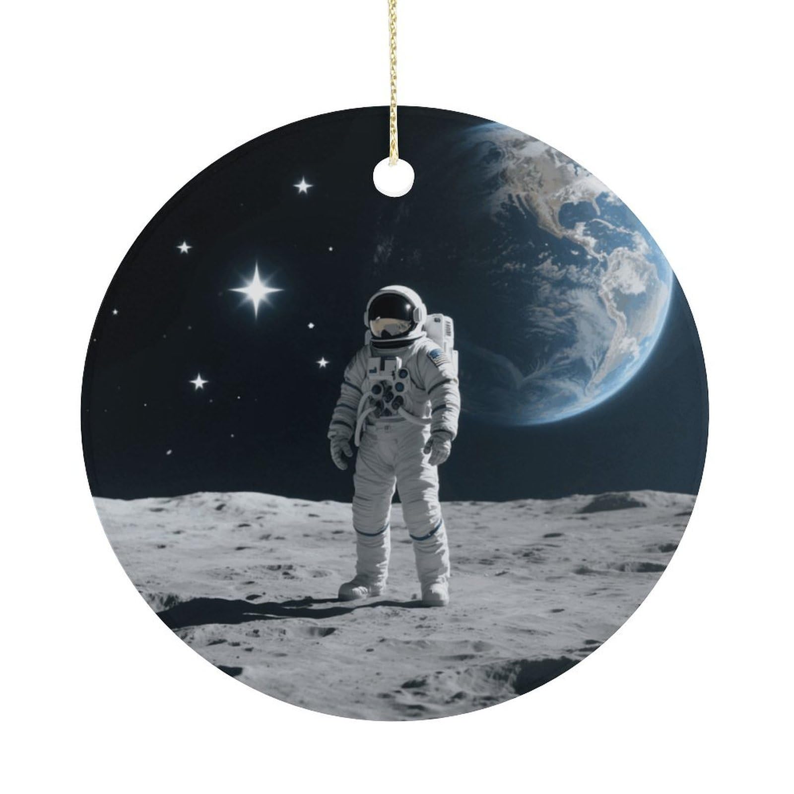 Personalized Christmas Ornaments 2025 Ceramic Hanging Astronaut on Moon Ornaments with Gold String Double-Sided Vintage Holiday Decorations for Tree Mantel Tabletop Xmas Party Favors