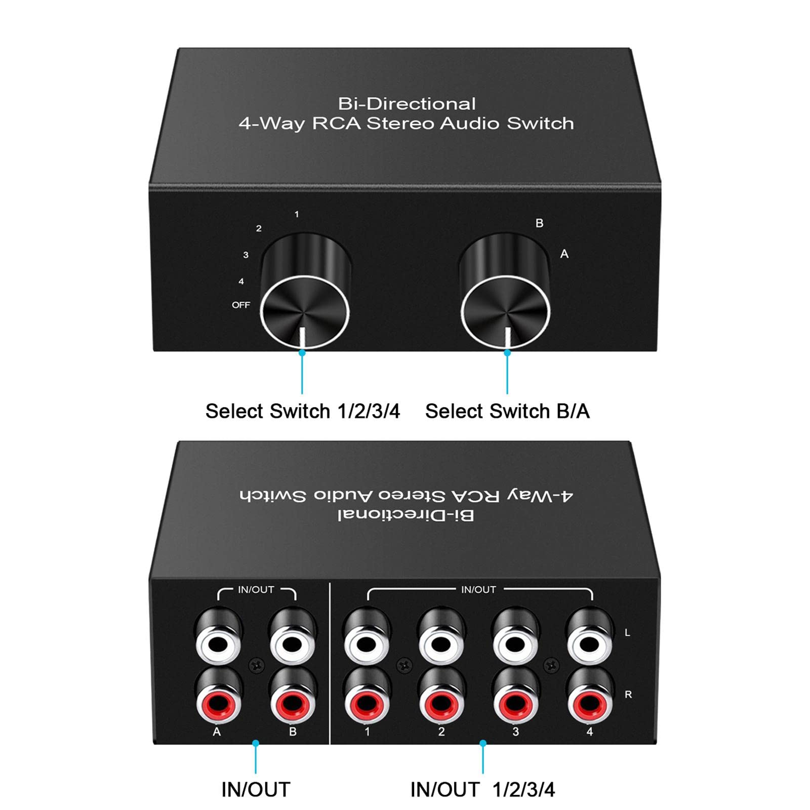 Receptor de Sonido con Conmutador de Audio Estéreo RCA Bidireccional de 4 Vías para Casa