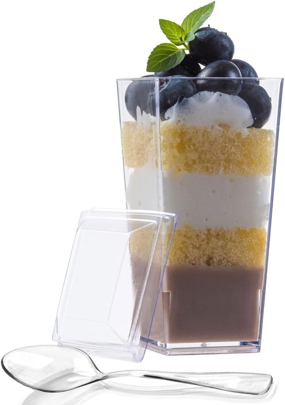 zappy 200 Elegant Tall Square Mini Cube 3oz Cups 200 Lids & Clear Plastic Tasting Sample Shot Glasses Parfait Souffle Jello Dessert Cups Tumbler Party Cups