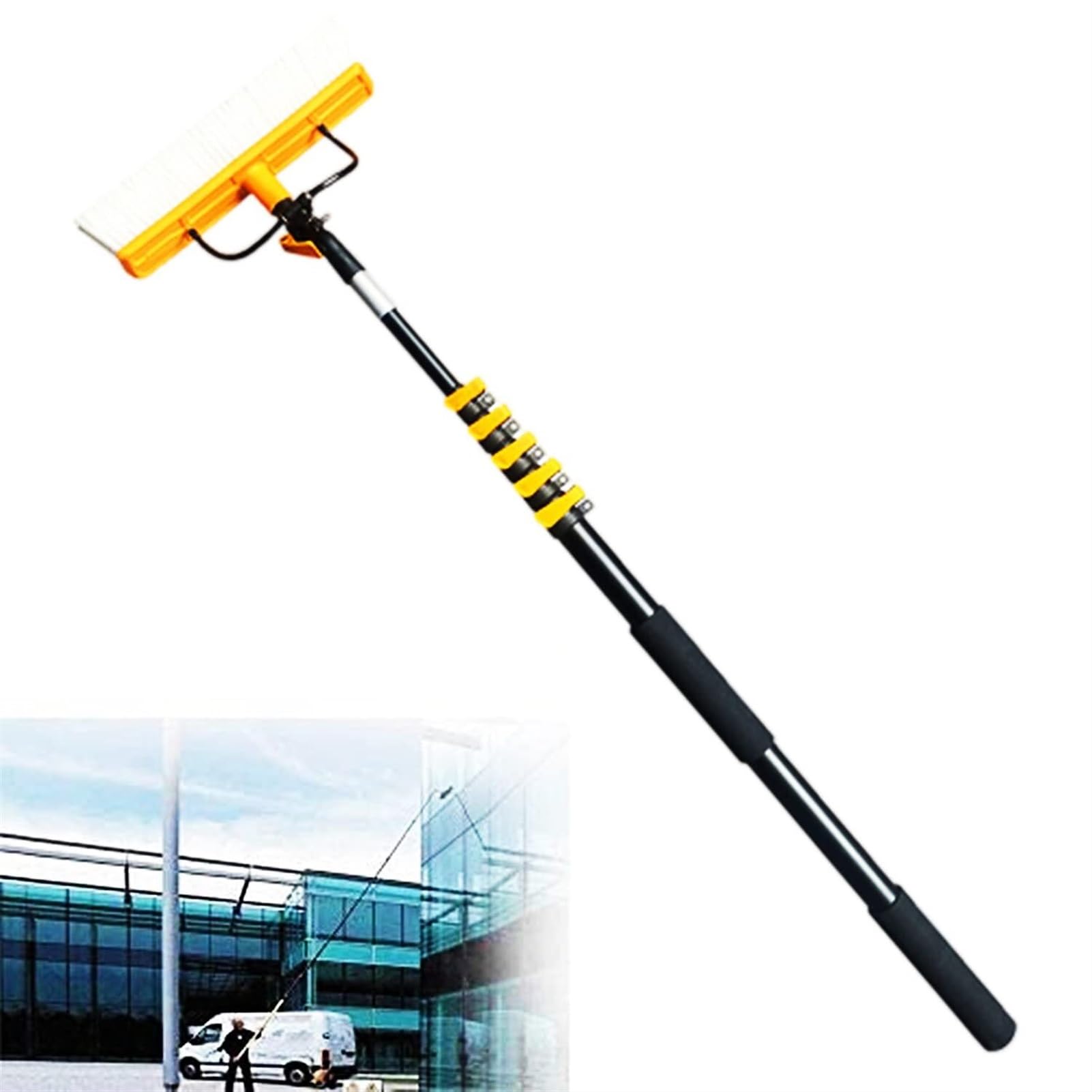 telescopic cleaning pole, Window cleaning pole, Extendable Water/Hose Pole Cleaning Brush, for Photovoltaic & Solar Panels, Wall, Tile, Floors, Steps(35cm Brush Head,11M/36FT)