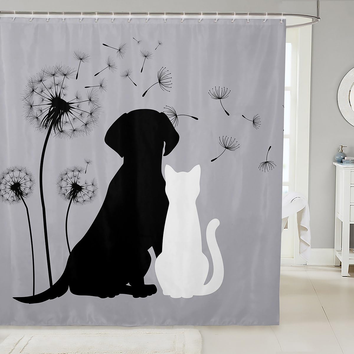 Erosebridal Cat Shower Curtain, Dog Bathtub Shower Curtain, Dandelion Bath Curtain, Cute Pet Animal Bathroom Sets Accessories for Kids Boys Girls Teens, Grey, Waterproof, 72" W x 84" L