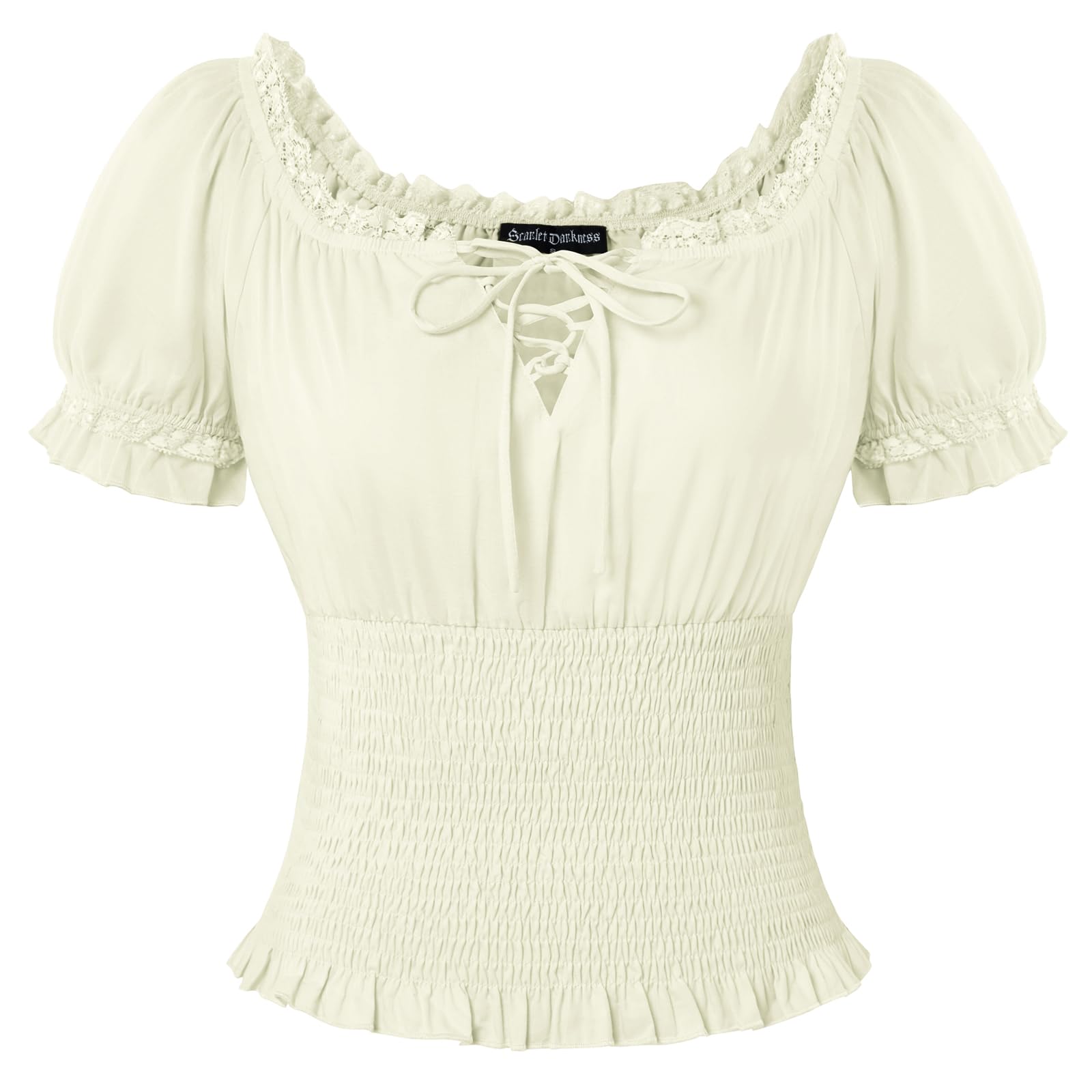 SCARLET DARKNESS Camicetta estiva da donna in cotone a maniche corte con punto smock con lacci sulle spalle scoperte camicie pirata rinascimentale