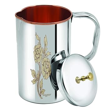 SAGAR Stainless Steel Water Jug with Lid & Handle for Dinner Utensils | Laser Art Design | Inside Copper Water Jug Tumbler, for Ayurveda Healing (1200 ML)