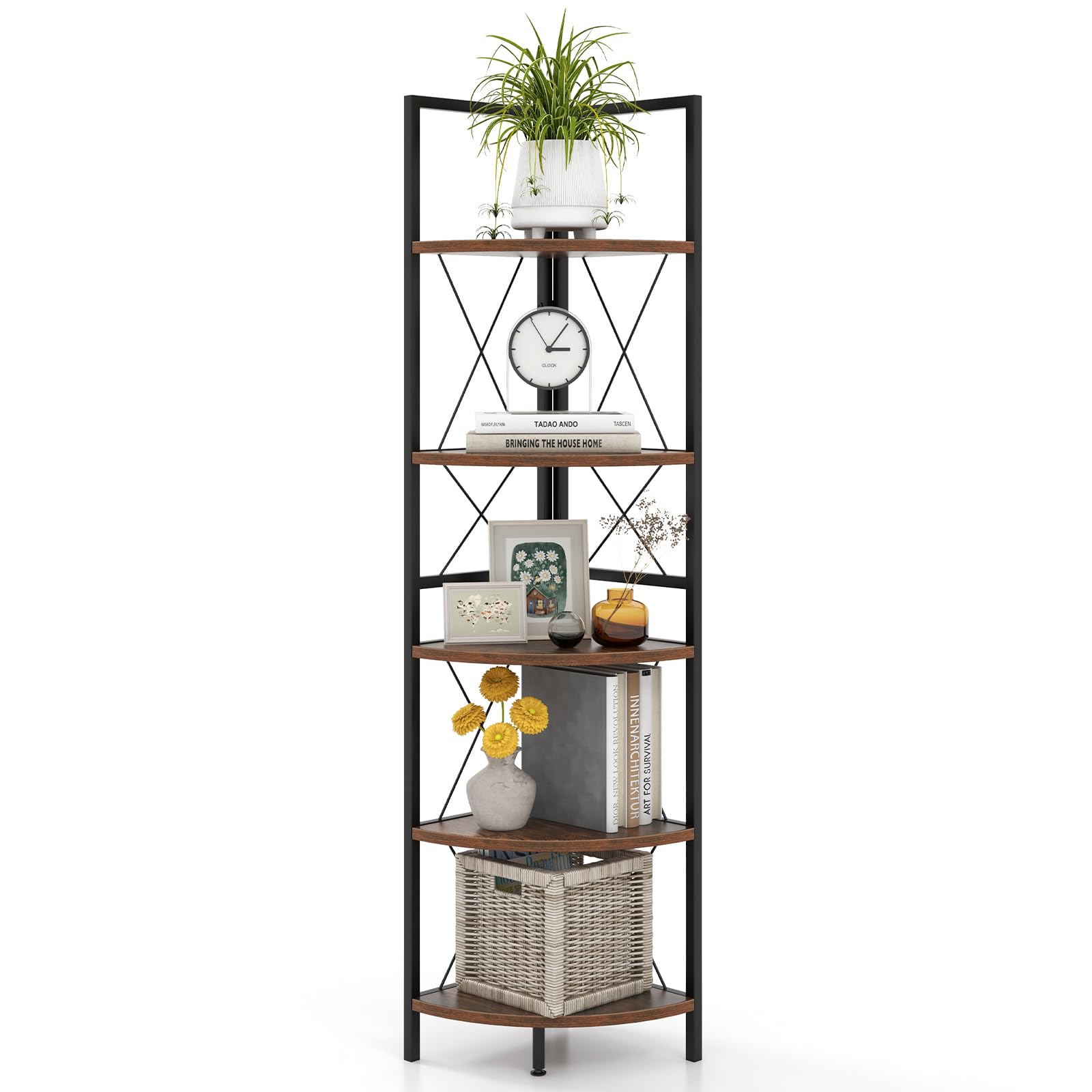 Giantex Estantería Esquinera de 5 Niveles, Librería de Madera y Metal, 35,5 x 35,5 x 159,5 cm, Estantería de Almacenamiento de Esquina para Salón, Dormitorio, Estudio (Marrón Rústico)