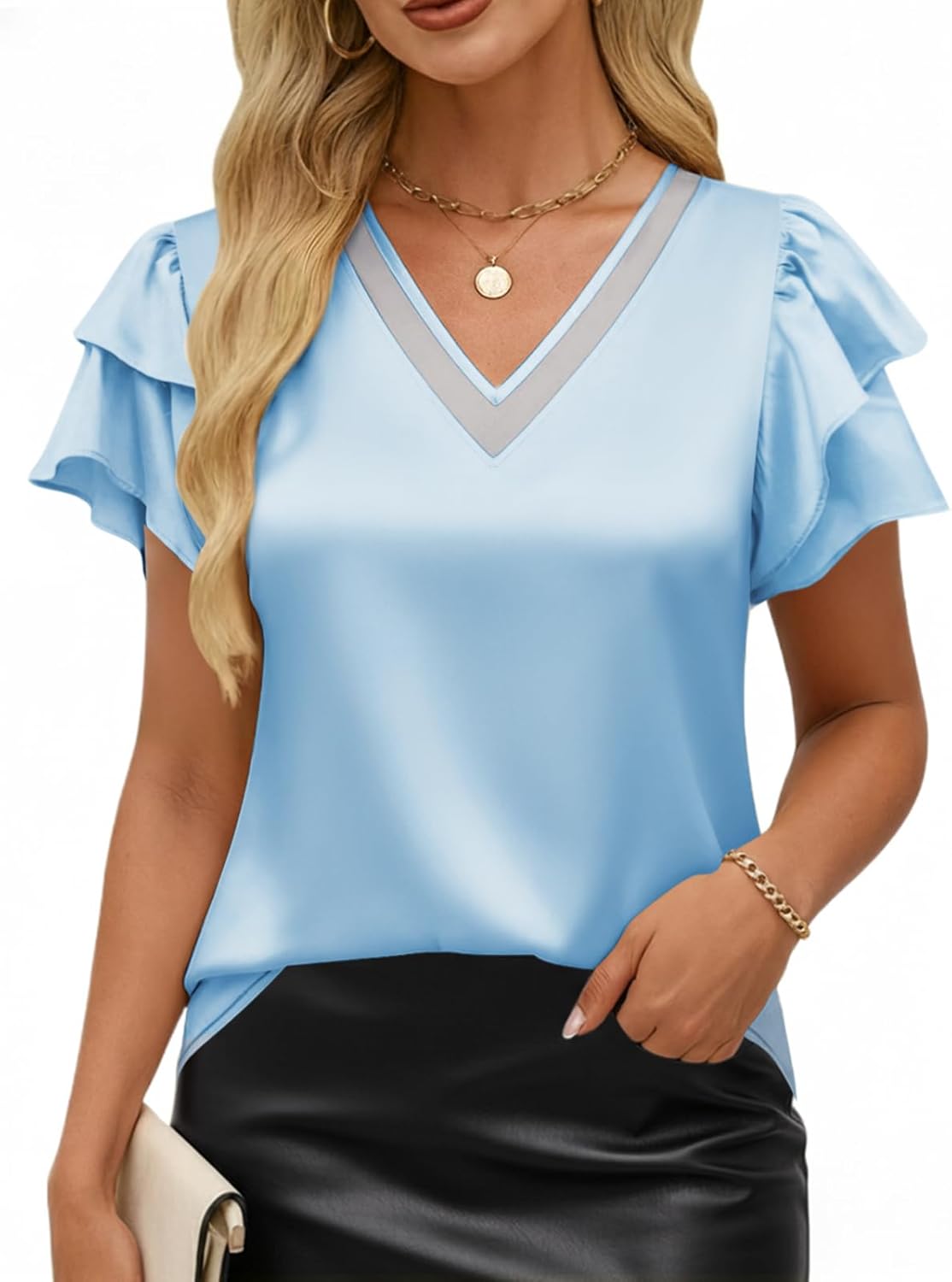 VIMPUNEC Womens Blouses Dressy Casual Ruffle Short Sleeve Shirts Summer Business Work Tops
