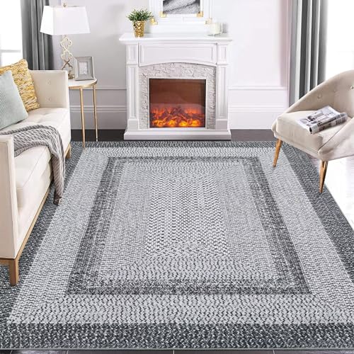 GAOMON Braided Collection Area Rug - Modern Washable Grey Vintage Country Cottage Floor Carpet - 5x7, Low Pile, Non-Slip Indoor Throw Carpet for Living Room & Bedroom