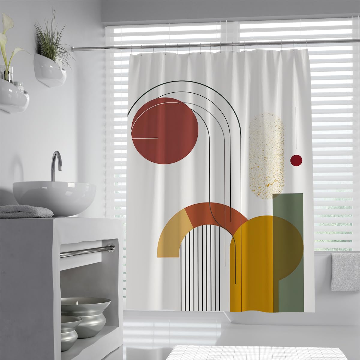 Uiringart Shower Curtains Red Yellow Geometric Abstract Sun W180xl200cm Mid Century Nordic Mildew Resistant Waterproof Bath Curtains Decor With Hook