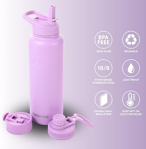 Miniatura 5 de THERMOSIS Botella de agua de 40 onzas con pajilla, botella de agua térmica con apertura de boca ancha y 3 tapas. Incluye soporte para botella de