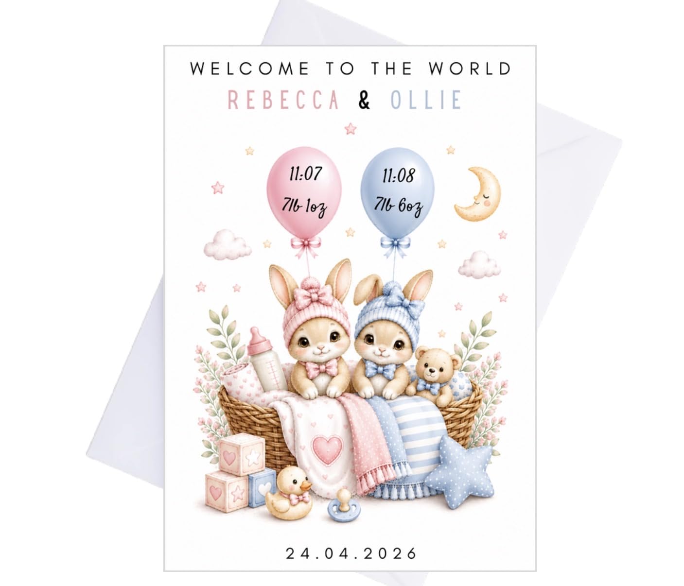 Personalised Twin Baby Card, Custom Names and Birth Details, Twin Girls, Boys or Boy & Girl, A5, Handmade Keepsake (Baby Boy & Girl)