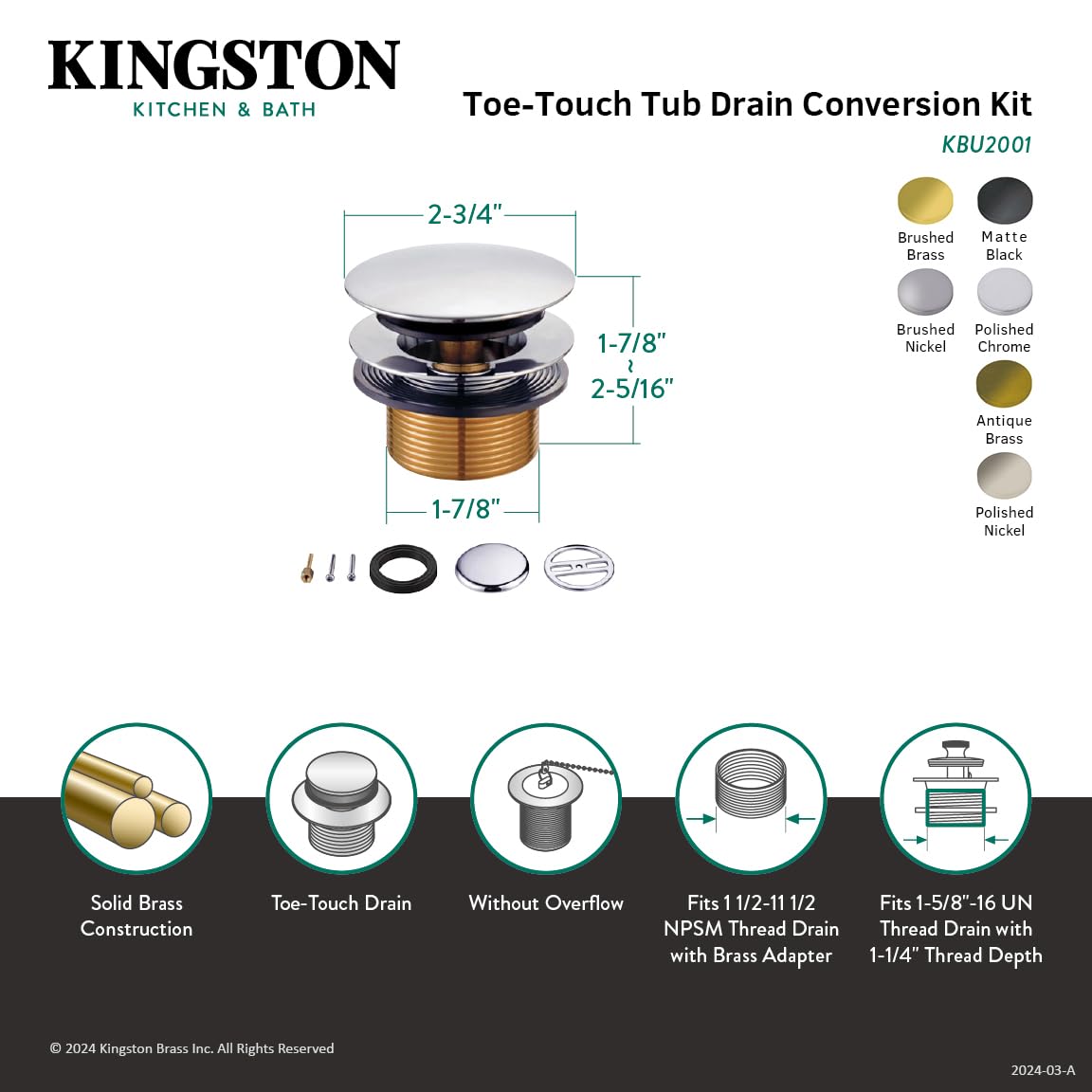 Kingston Brass KBU2008 Eugene Tip-Toe Tub Drain Conversion Kit