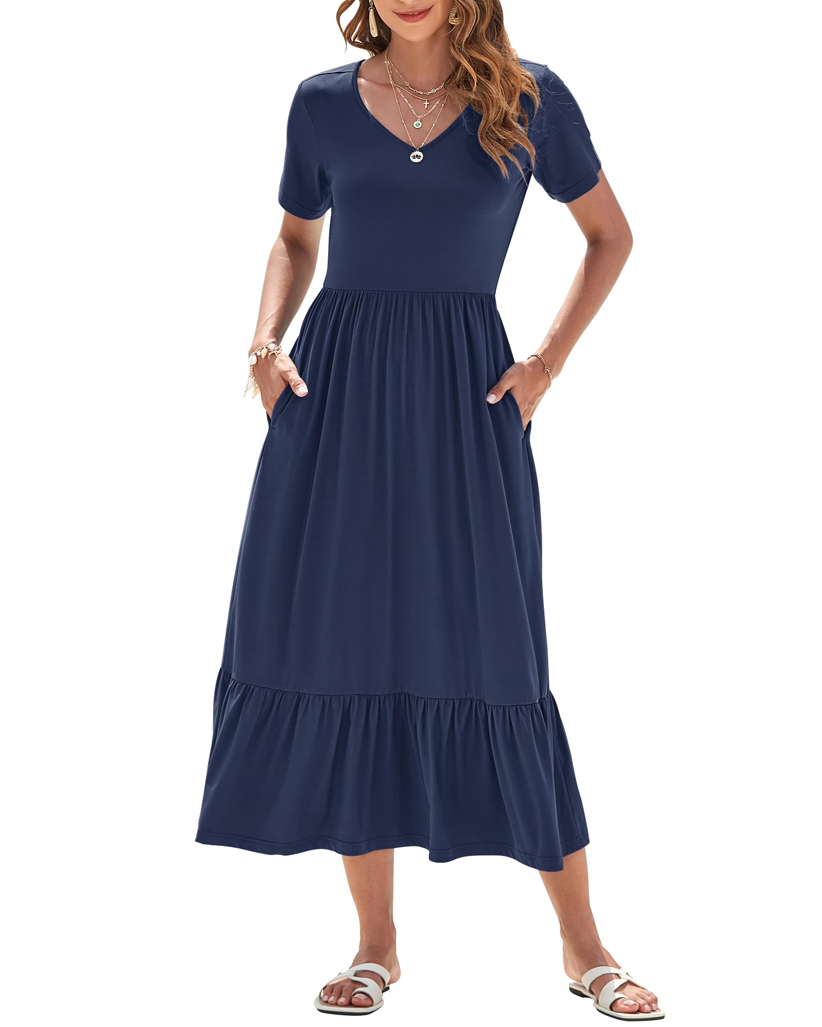 AUSELILY Zomerjurken met korte mouwen voor dames, empire-taille, maxi-jurken voor dames, lange zwierige zomerjurken met V-hals, overgooier voor op het strand met zakken, Donkerblauw, L