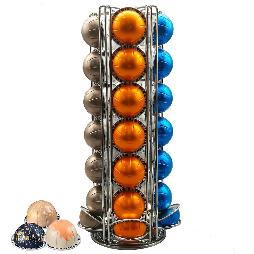 Meelio Coffee Pod Holder for Nespresso Vertuo, 360 Degrees Revolving Carousel, Holds 28 Nespresso Vertuo Pods, Space-Saving Countertop Organizer, Smooth Spin & Secure Slots, Black: Silver 35 Vertuo Pod