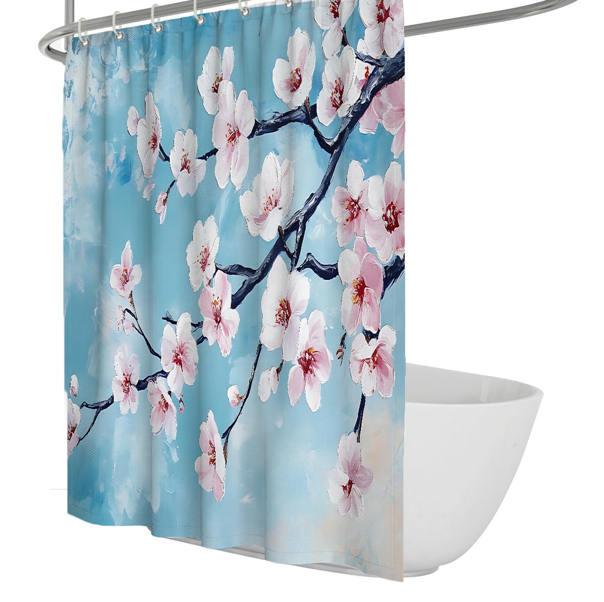 UERWOWELL Japanese Cherry Blossom Shower Curtain Oil Painting Flowering Branch Cloud Sky Pattern Bath Curtains for Bathroom Water-Repellent & Washable W180xL180 cm