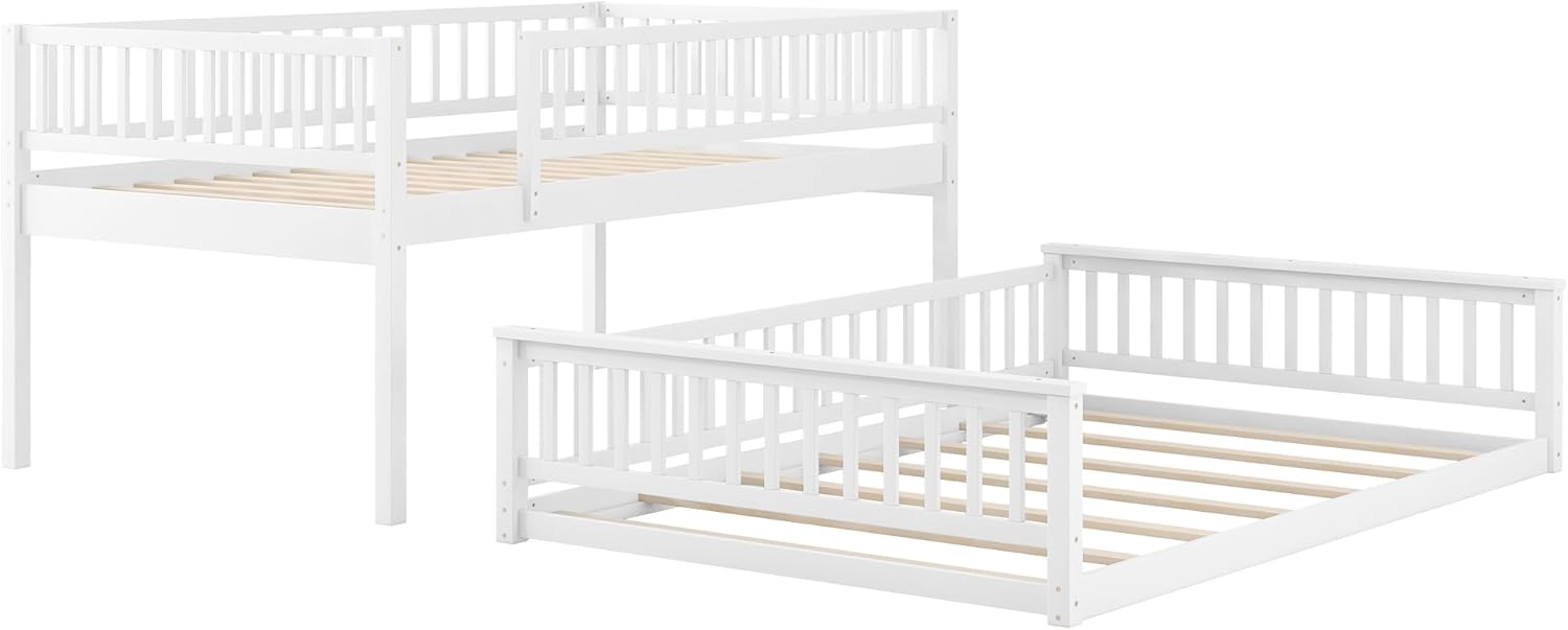 Merax Full XL Over Queen Floor Bunk Bed, Kids Bunk Beds Frame with Ladder & Guardrail, Space-Saving Bedframe Convertible to 2 Separated Frames for Bedroom, Wood Slat Support, Easy Assembly, White