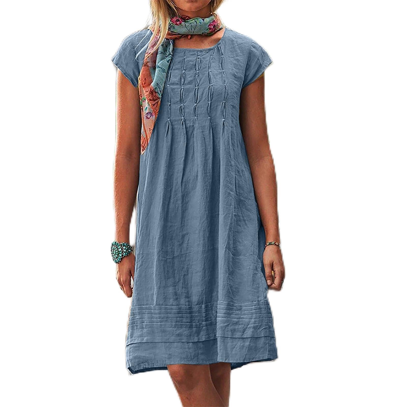 Cotton Dresses Linen Beachwear Summer Shirred Dress Empire Line Wear Muslin Co Ord Smocked Clothing Going Out Coverups Tunic Coords Loose Outfits Curvy Cover Up Ladies Navy 1 M