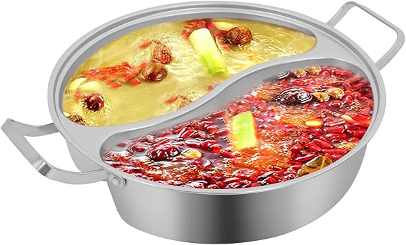 Double-flavor Hot Pot, Stainless Steel Soup Cookware with Divider & Clear Lid, for Induction Cooktop, Gas Stove & Hot Burner Shabu Pot with Cooking Pot for Family Gathering Home Camping Party 12.8in