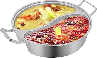 Double-flavor Hot Pot, Stainless Steel Soup Cookware with Divider & Clear Lid, for Induction Cooktop, Gas Stove & Hot Burner Shabu Pot with Cooking Pot for Family Gathering Home Camping Party (12.8in)