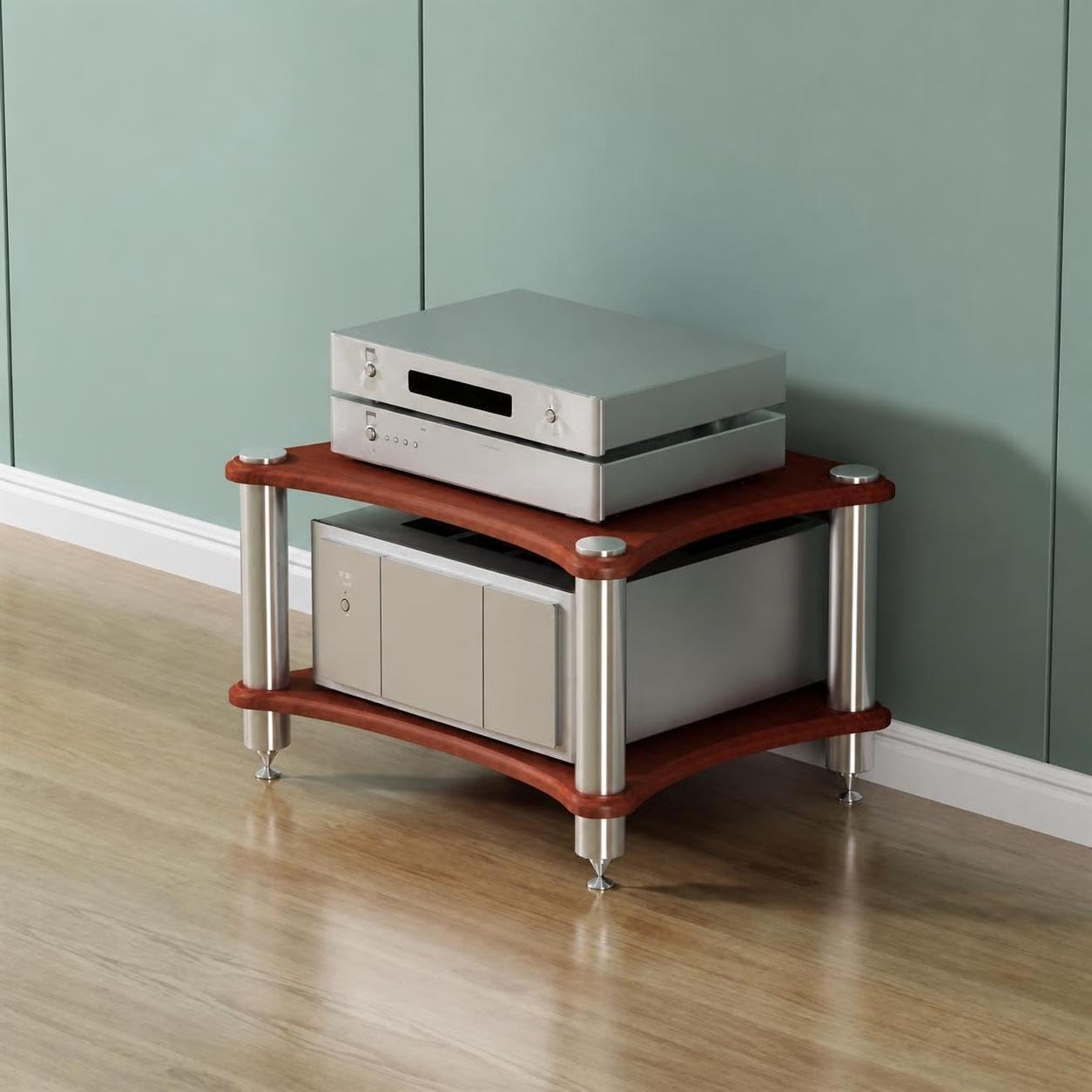 Mobiletto Rack per Apparecchiature Audio, Supporto per Amplificatore e Altoparlanti con Puntali Ammortizzanti, Rack Stereo Professionale per Impianti Audio (Teak, 2 Ripiani)
