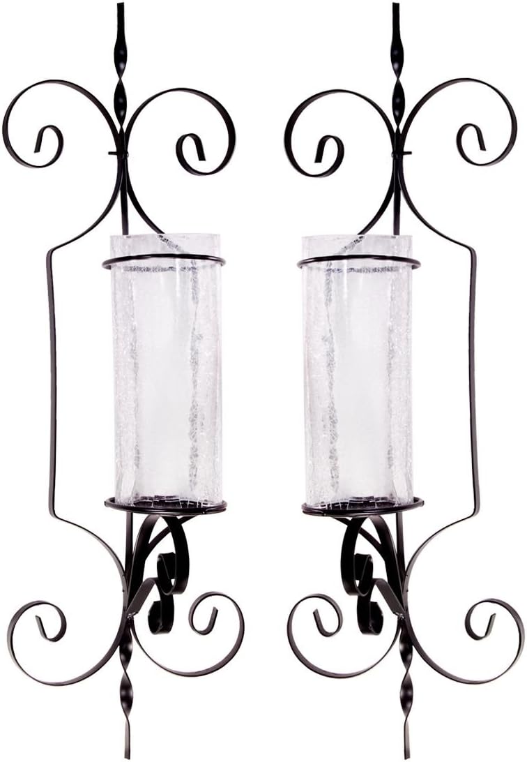 Set of 2 Large Black Hurricane Wall Sconces Candle Holders, 26-inch Metal & Glass Home Decor Swirl Design Candle Sconce