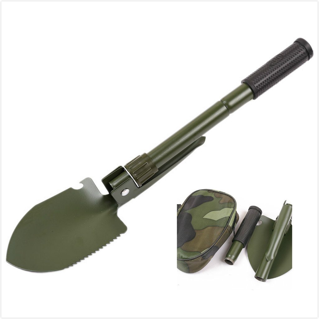 Novelty Camo Mini Folding Foldable Portable Outdoor Survival Shovel Spade Trowel Pickaxe with Pick Compass for Camping Hiking Home Garden w/ Carrying Bag (Army Green)