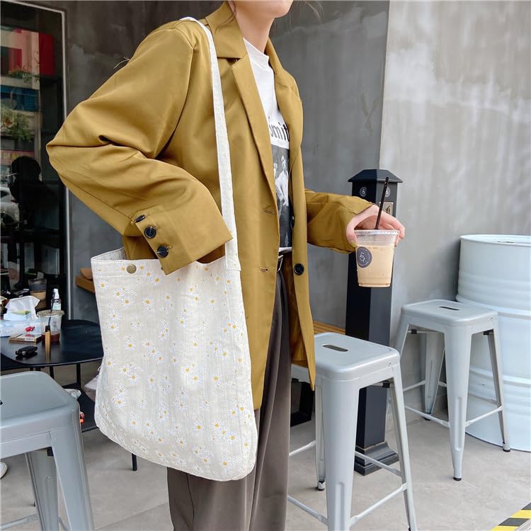 Image of Women's Floral Embroidered Tote Bag with Pocket flowers embroidery crossbody shoulder bag beach cute handbag canvas