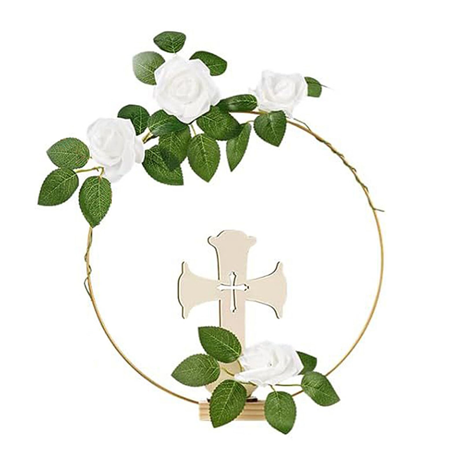 60 piezas de decoración de mesa de aro floral con 12 soportes de madera, 24 rosas de seda, 12 aros dorados y 12 cruces de madera, corona de metal, manualidades para mesa, bautizo, decoración de boda