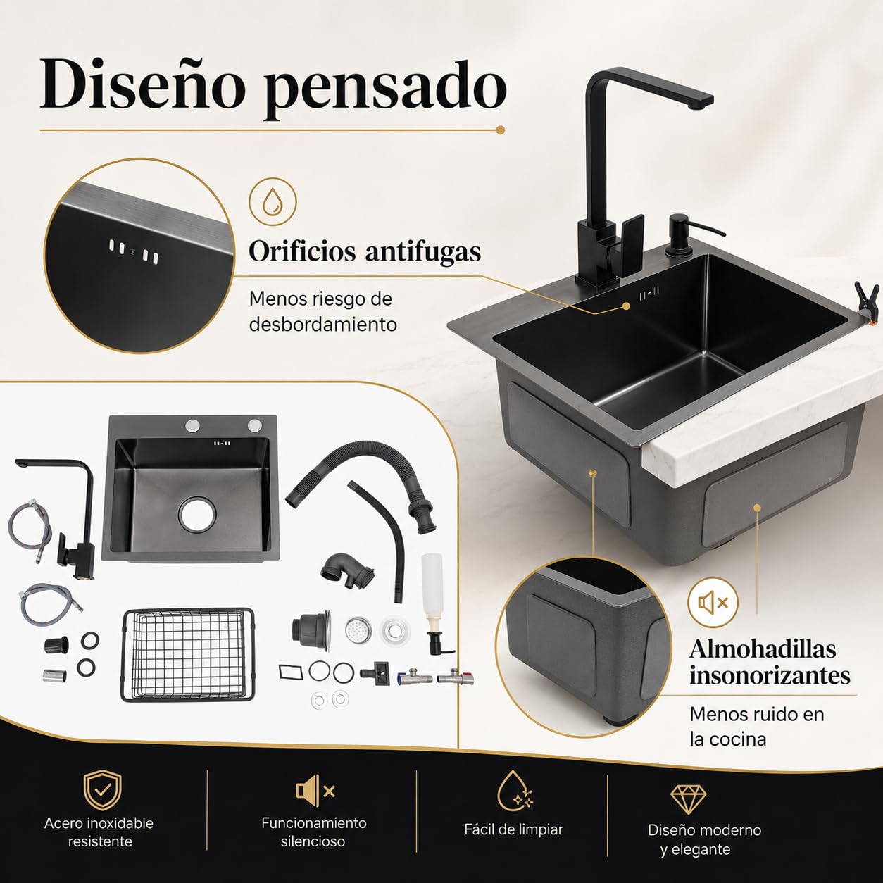 Fregadero de cocina negro de 45 x 40 cm, juego de fregadero con grifo, incluye escurridor y dispensador de jabón, grifo giratorio 360°, color negro mate, acero inoxidable 201