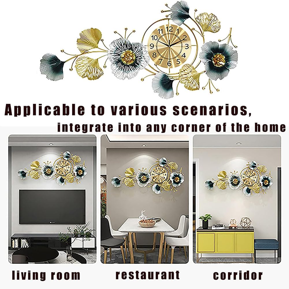 Grote Wandklokken Voor Woonkamer, Metalen Kunst Aan De Muur, Stille Horizontale Wandklok Met Batterij, Klok Artistieke Decoratie Moderne Metaal 3d Voor Woonkamer Eetkamer Keuken Keuken(Color:105*55cm