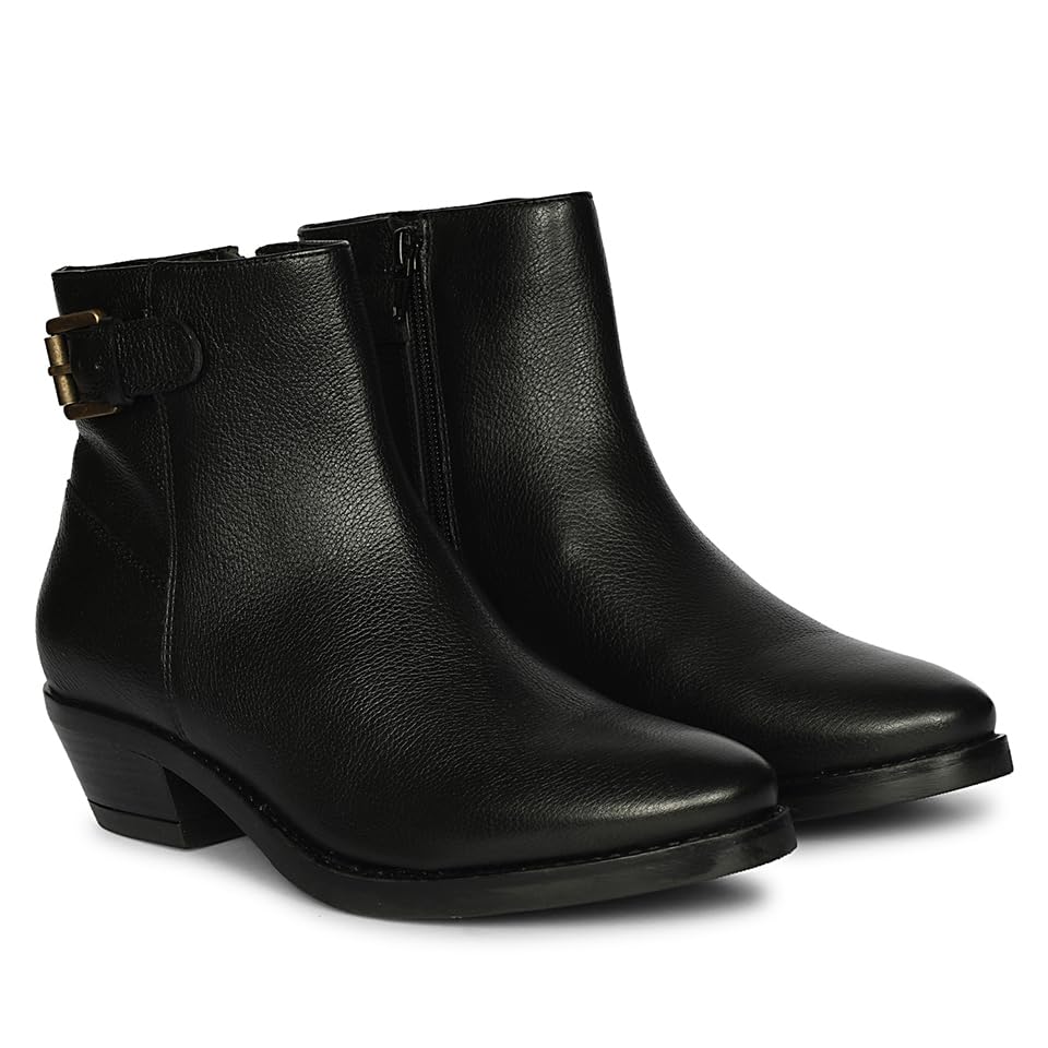 saintg Leather Ankle Boots with Buckle Decor, Black and Brown, Side Zip, Block Heel-picture-14