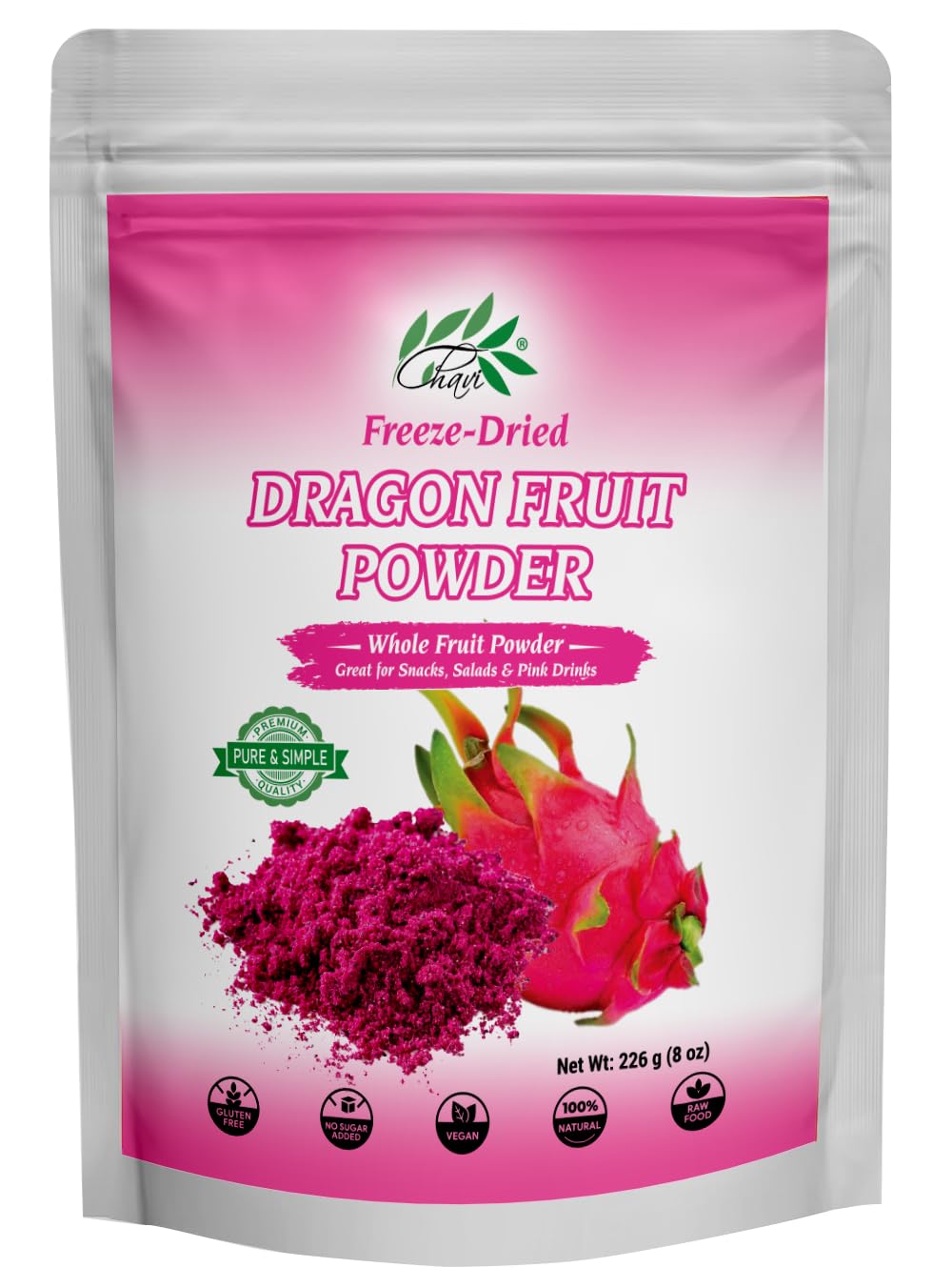 CHAVI Freeze-Dried Dragon Fruit Powder - 8 Oz - (Pink Pitaya/Pitahaya), For Shakes, Baking & Smoothie, No Added Sugars or Preservatives - Non-GMO, Vegan, Gluten-Free