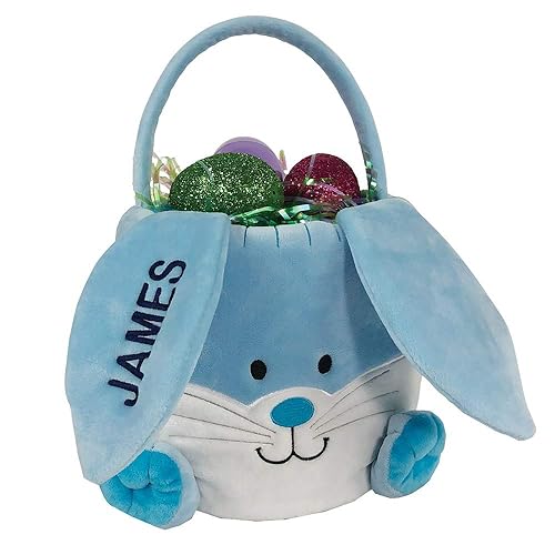 Cesta de pascua bordada con conejito azul, personalizada, 10 pulgadas ancho x 7 pulgadas alto x 9 pulgadas profundidad